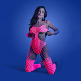 Radiant Rhinestone Glow Bodystocking - Neon Pink UV-Reactive Delight Body Stockings
